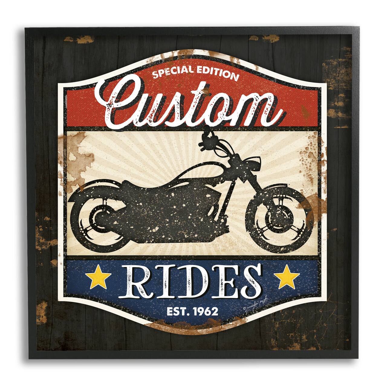 Stupell Industries Custom Rides Motorcycle Sign Vintage Americana Bike in Black Frame Wall Art